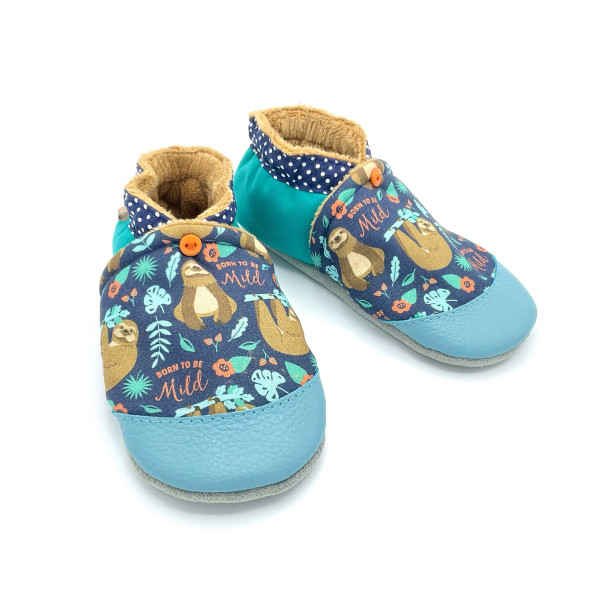 Chaussons semelles cuir paresseux bleu marine vert pois - Dont Forget Melanie