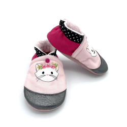 Chaussons semelles cuir chat moustache couronne fleurs rose noir - Dont Forget Melanie
