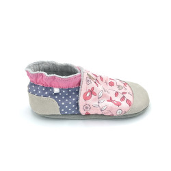 Chaussons fille cuir rose gris petites fleurs oiseaux Louise - Dont Forget Melanie