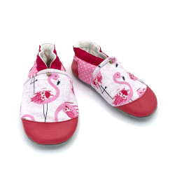 Chaussons en cuir souple imprimés de flamands roses