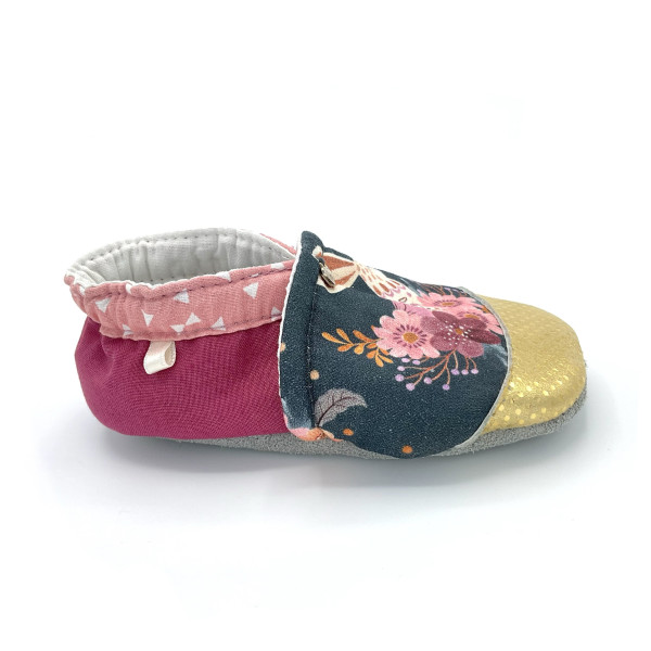 Chaussons cuir enfant Pia tissu rose gris lapin louve fleurs vieux rose - Dont Forget Melanie