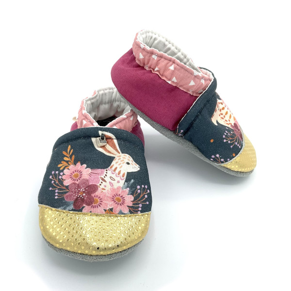 Chaussons semelles cuir enfant Pia tissu fleurs lapin louve fleurs doré made in France - Dont Forget Melanie