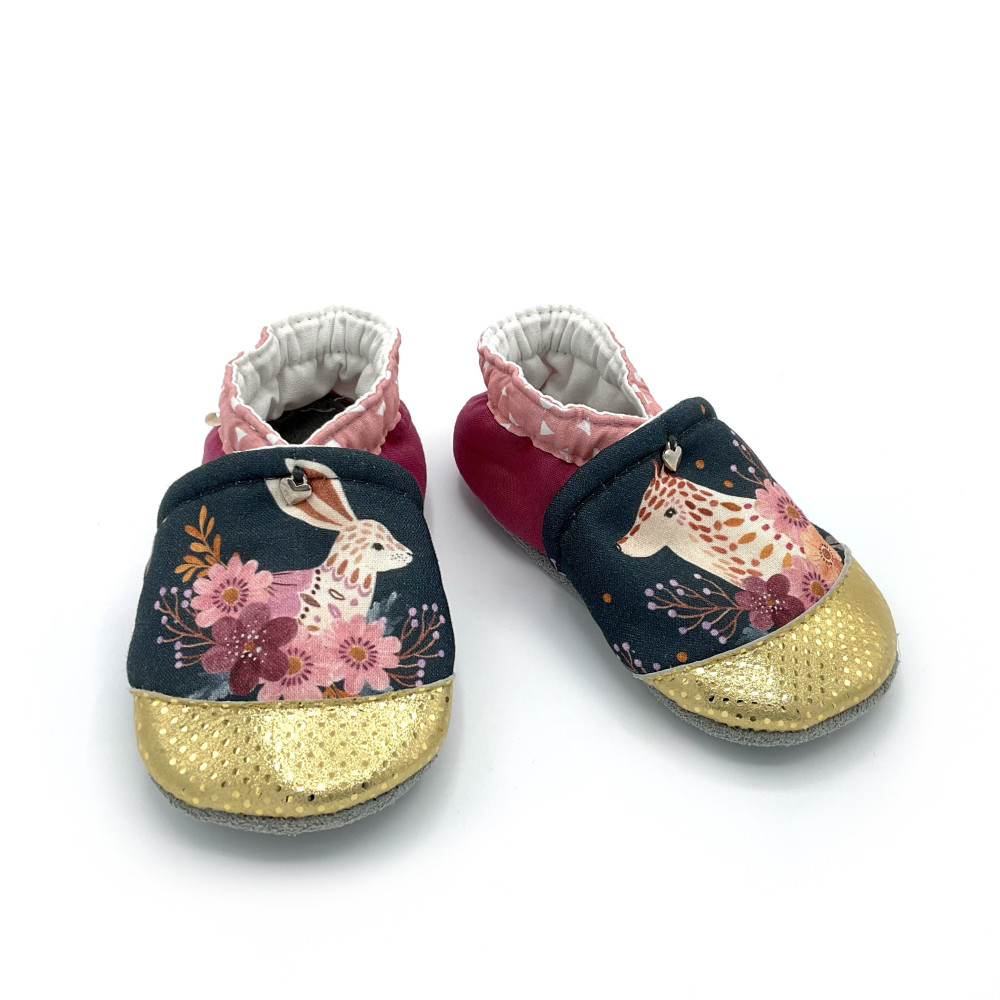 Chaussons cuir bébé Pia tissu aquarelle lapin louve fleurs rose poudré - Dont Forget Melanie