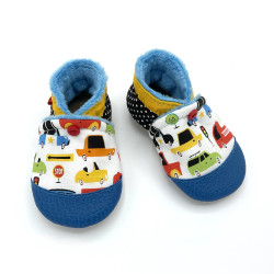 Chaussons bébé cuir Tony tissu pois noir jaune petites voitures - Dont Forget Melanie