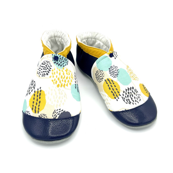 Chaussons cuir souple femme motif graphique peinture jaune bleu blanc - Dont Forget Melanie