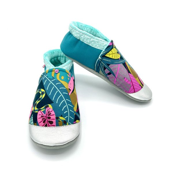 Chaussons cuir souple femme motif jungle serpent bleu canard rose vert - Dont Forget Melanie