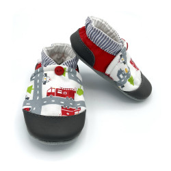 Chaussons cuir souple enfant Pimpon tissu gris rouge pompiers police - Dont Forget Melanie