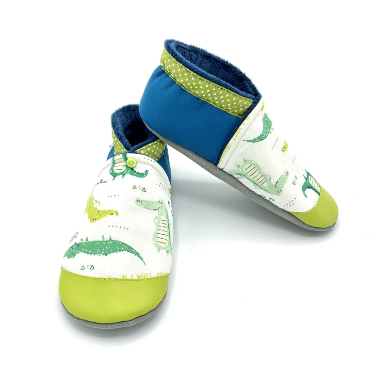 Chaussons cuir crocodiles verts - Fabrication française