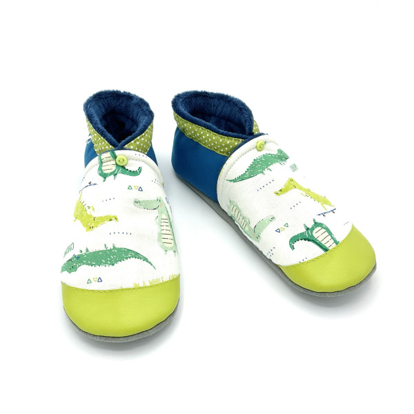 Chaussons cuir crocodiles verts - Fabrication française