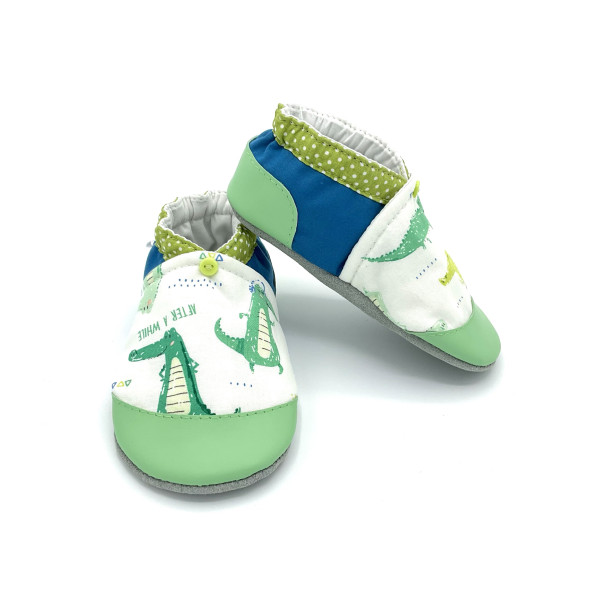 Chaussons parfaits école cuir Croco tissu bleu vert crocodiles fabrication artisanale - Dont Forget Melanie