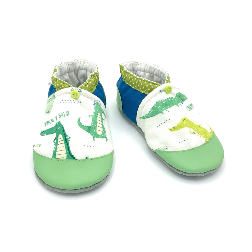 Chaussons bébé enfant cuir souple Croco tissu pois vert bleu crocodiles - Dont Forget Melanie