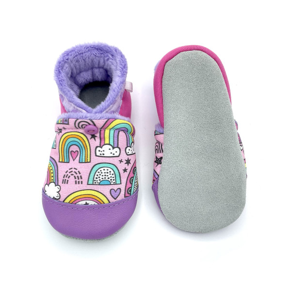 Chaussons bébé enfant cuir Lila tissu parme arc en ciel kawaii - Dont Forget Melanie