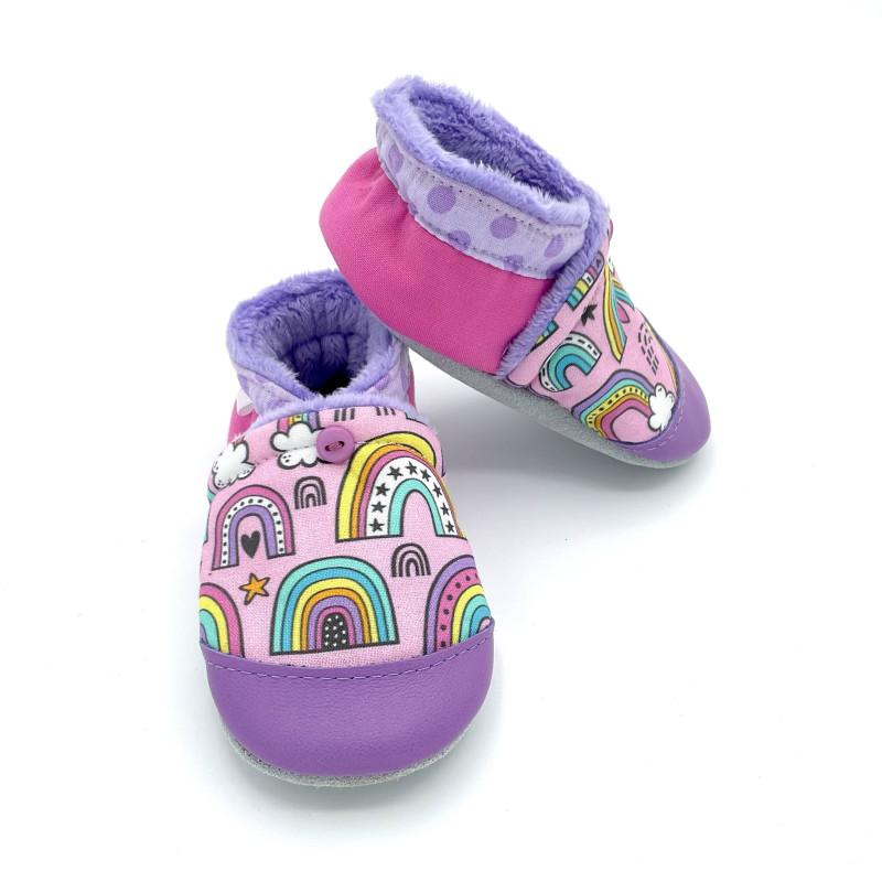 Chaussons artisanat bébé enfant cuir Lila tissu rose mauve arc en ciel - Dont Forget Melanie