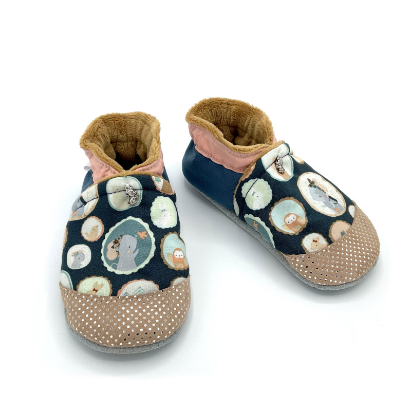 Chaussons enfant fourrés Célestine tissu bleu foncé corail petites souris REACH - Dont Forget Melanie