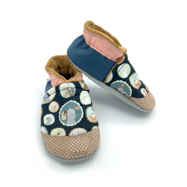 Chaussons chauds hiver cuir bébé Célestine tissu bleu petites souris - Dont Forget Melanie