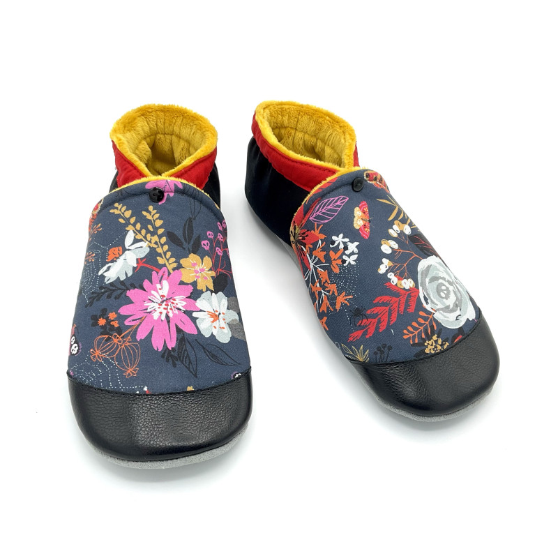 Chaussons cuir souple femme motif botanique fleurs sorcière noir rose - Dont Forget Melanie