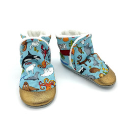 Bottes bébé cuir Noé tissu bleu élan baleine loup tortue - Dont Forget Melanie