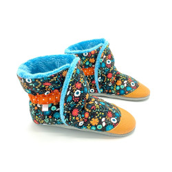 Chaussons bottes cuir Simona tissu noir petites fleurs liberty multicolores - Dont Forget Melanie
