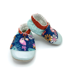 Chaussons cuir souple Vic tissu bleu orange jungle toucan tigre - Dont Forget Melanie