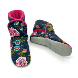 Chaussons bottes en cuir souple et tissu au motif floral