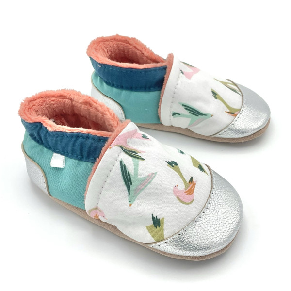 Chaussons oiseaux blanc bleu rose fabrication française - Dont Forget Melanie