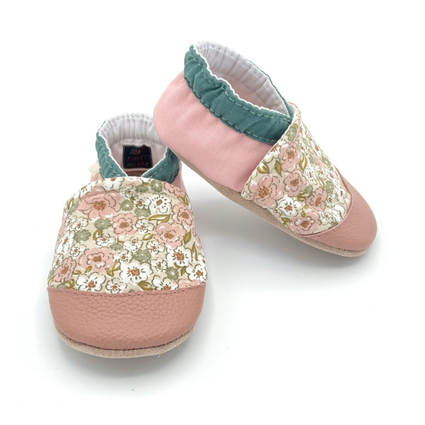 Chaussons made in France bébé enfant premiers pas fleurs vieux rose - Dont Forget Melanie