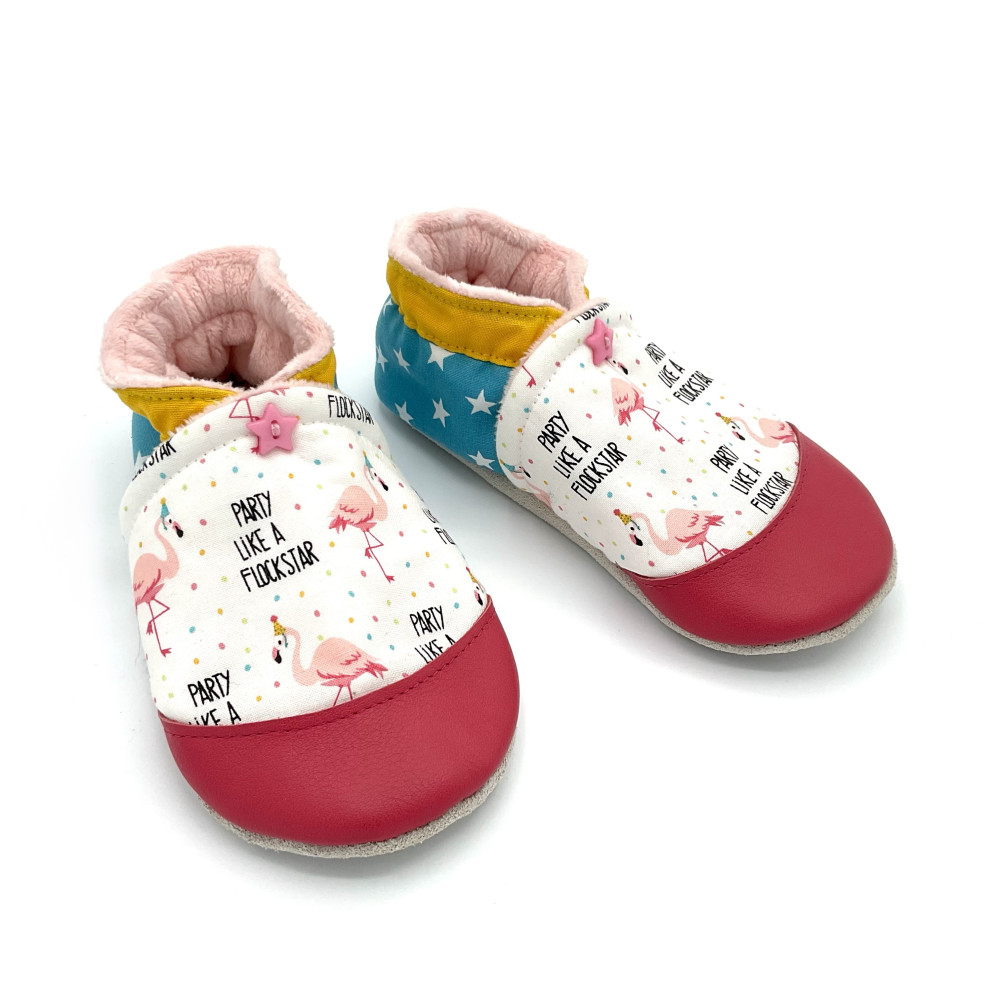 Chaussons en cuir Aline - Flamands roses et confettis