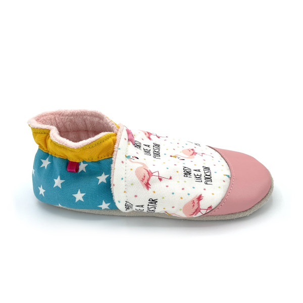 Chaussons en cuir Aline - Flamands roses et confettis