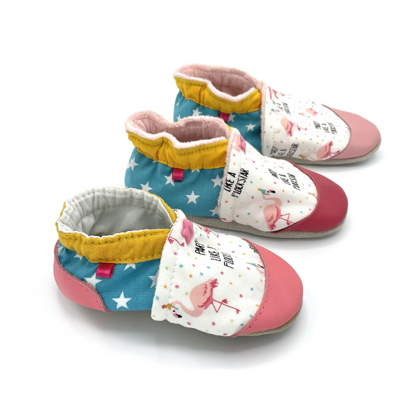 Chaussons en cuir Aline - Flamands roses et confettis