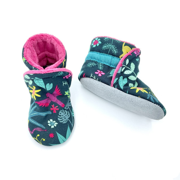 Chaussons bottines fourrés cuir souple motif jungle rose - Dont Forget Melanie