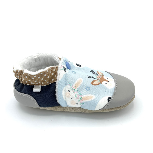 Chaussons enfant cuir Soan tissu bleu clair pois beige faon lapin - Dont Forget Melanie