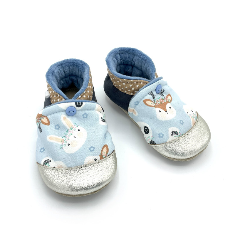 Chaussons bébé cuir Soan tissu bleu clair beige panda faon lapin - Dont Forget Melanie