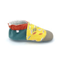 Chaussons bébé cuir Emile tissu vert orange jaune feuilles graphiques - Dont Forget Melanie