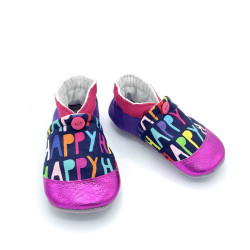 Chaussons en cuir souple imprimés de mots happy