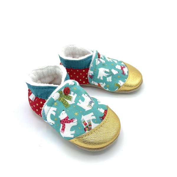 Chaussons bébé mixtes cuir tissu ours polaire bleu turquoise doré - Dont Forget Melanie