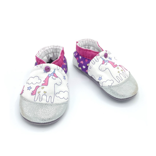 Chaussons cuir souple licornes nuages blanc rose mauve antidérapants - Dont Forget Melanie