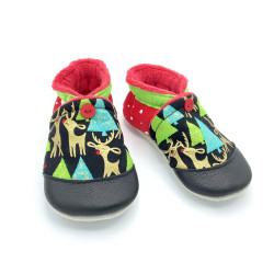 Chaussons fourrés semelles cuir rennes noël doré forêt rouge vert noir - Dont Forget Melanie