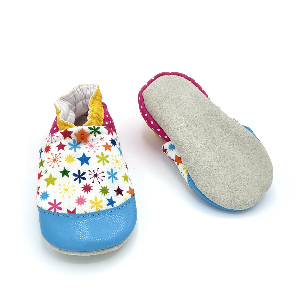 Chaussons semelles cuir fleurs étoiles multicolores blanc antidérapants - Dont Forget Melanie