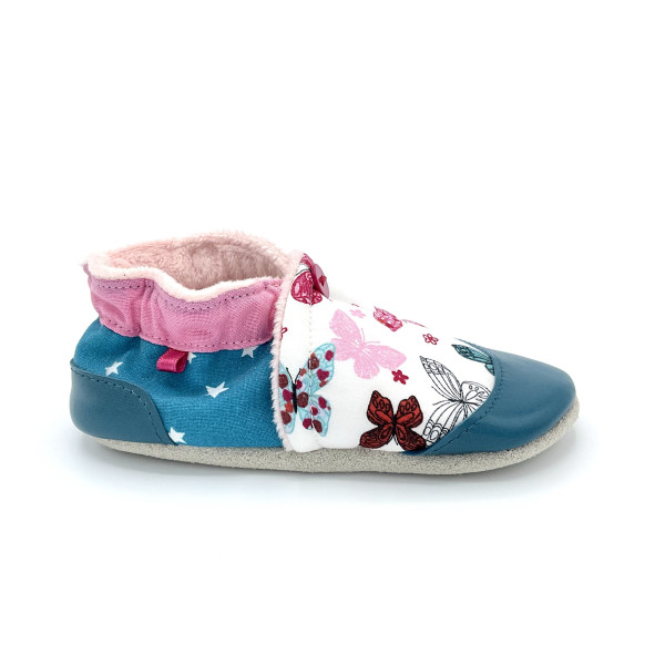 Chaussons cuir enfant papillons rose bleu canard turquoise hiver - Dont Forget Melanie