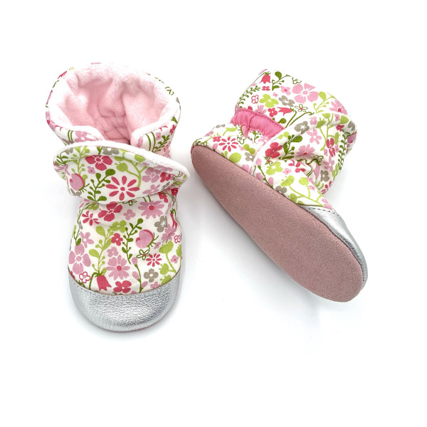 Chaussons bottines semelles cuir petites fleurs liberty rose vert blanc - Dont Forget Melanie