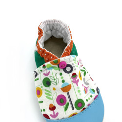 Chaussons cuir enfant Mia tissu orange vert fleurs multicolores - Dont Forget Melanie