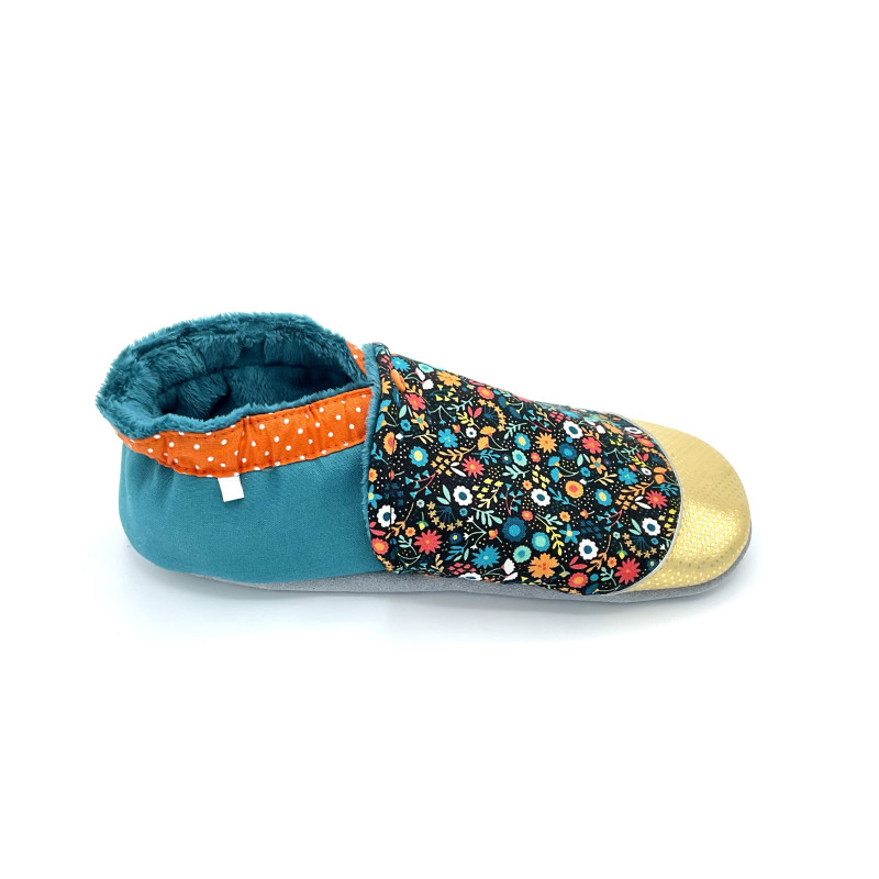 Chaussons cuir souple Simona femme petites fleurs noir bleu canard orange doré - Dont Forget Melanie