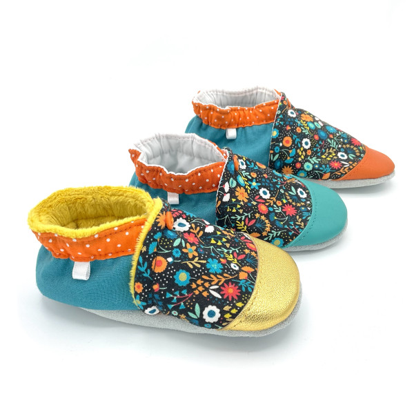 Chaussons cuir souple combo bébé enfant femme Simona petites fleurs - Dont Forget Melanie