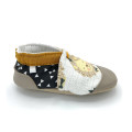 Chaussons cuir enfant Jonas tissu noir jaune moutarde lion couronne - Dont Forget Melanie
