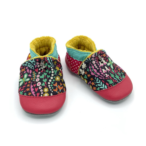 Chaussons cuir souple Marie tissu pois petites fleurs rose vert jaune - Dont Forget Melanie