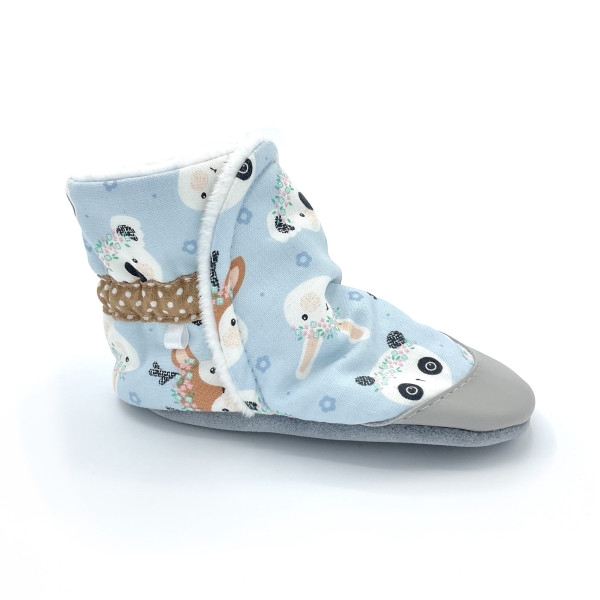 Chaussons bottes semelles cuir Soan tissu bleu clair lapin panda faon - Dont Forget Melanie