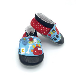 Chaussons cuir souple bébé Dino tissu bleu rouge noir dinosaures - Dont Forget Melanie
